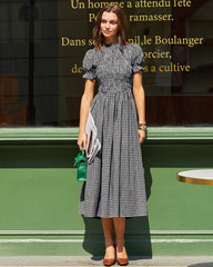 Blue Gingham Puffed Sleeve Midi Dress