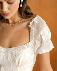 Beige Square Neck Puffed Sleeve Midi Dress