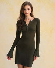 Green A-Line Bell Sleeve Sweater Dress