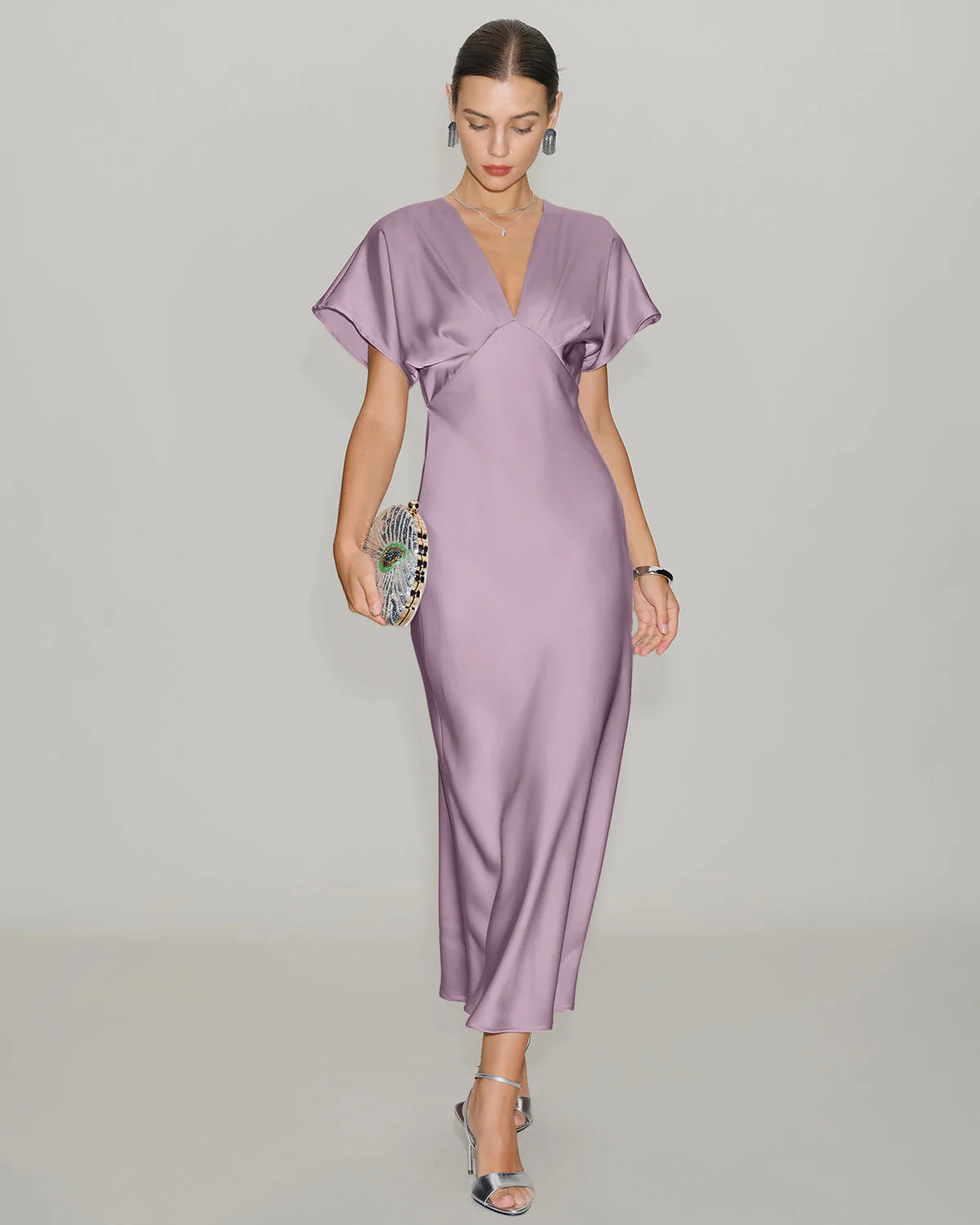Pink Satin Cowl Sleeve Midi Dress