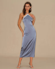 Blue Halter Slip Midi Dress