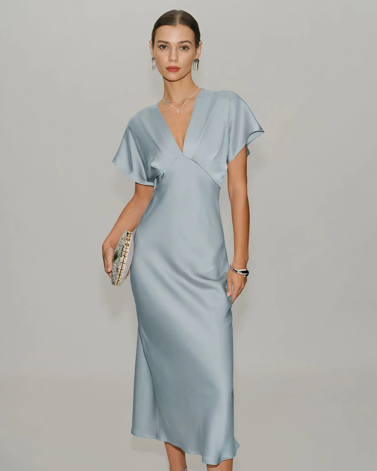 Blue Satin Cowl Sleeve Midi Dress