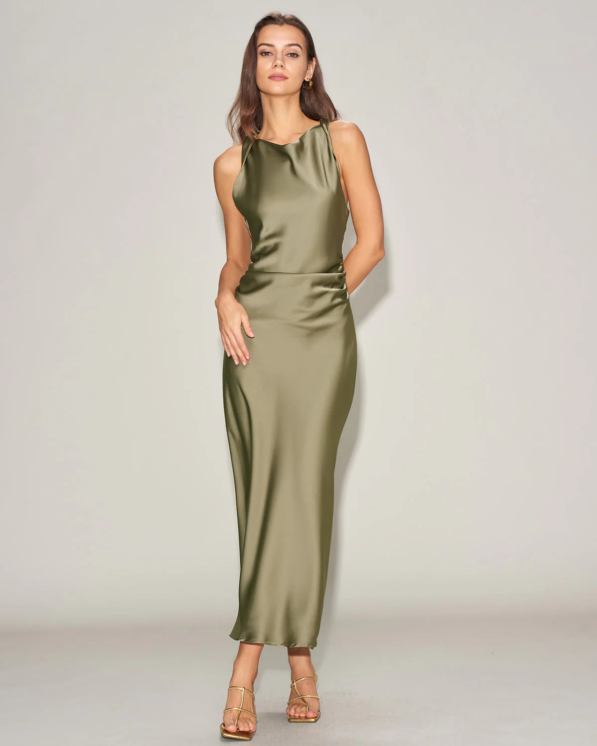 Green Satin Boat Neck Slip Midi Dress