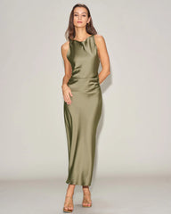 Green Satin Boat Neck Slip Midi Dress