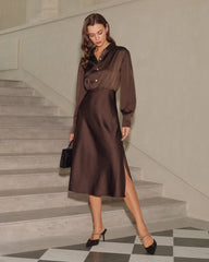 Coffee Ruched Button Midi Dress