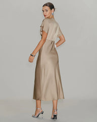 Apricot Satin V Neck A-Line Midi Dress