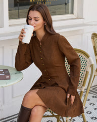 Brown Ruched Button A-Line Mini Dress