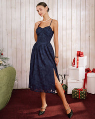 Blue Jacquard A-Line Slip Midi Dress