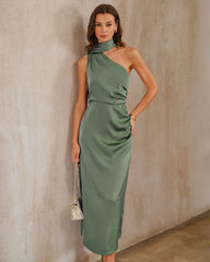 Green Satin One Shoulder Maxi Dress