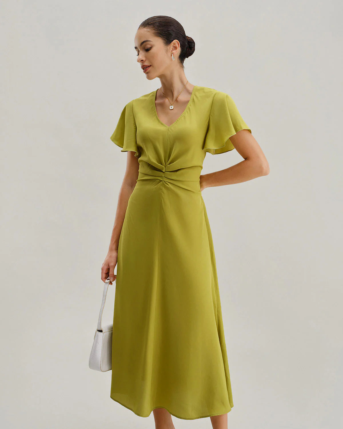 Green V Neck Ruffle Sleeve Midi Dress