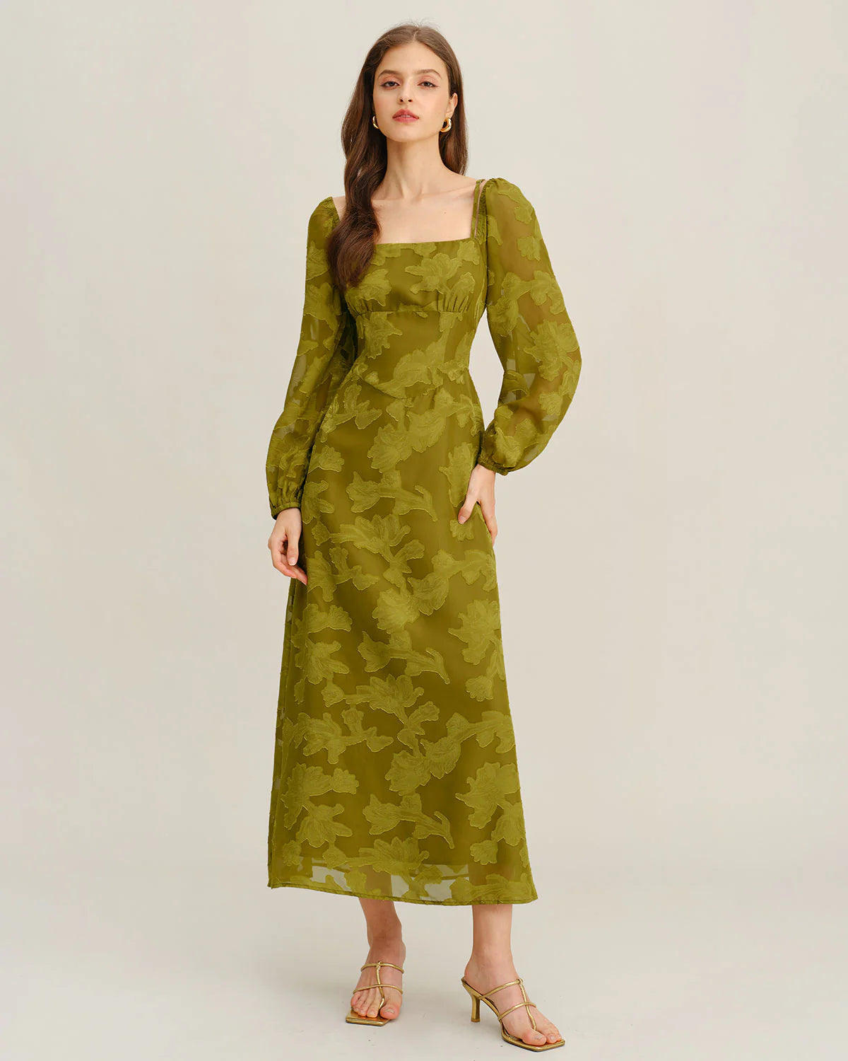 Green Floral Square Neck A-Line Maxi Dress
