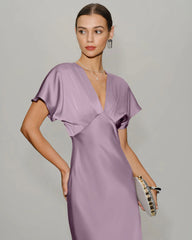 Pink Satin Cowl Sleeve Midi Dress