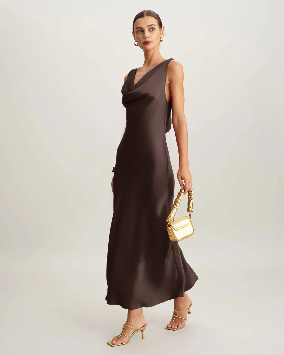 Coffee Satin Cowl Neck Maxi Dress