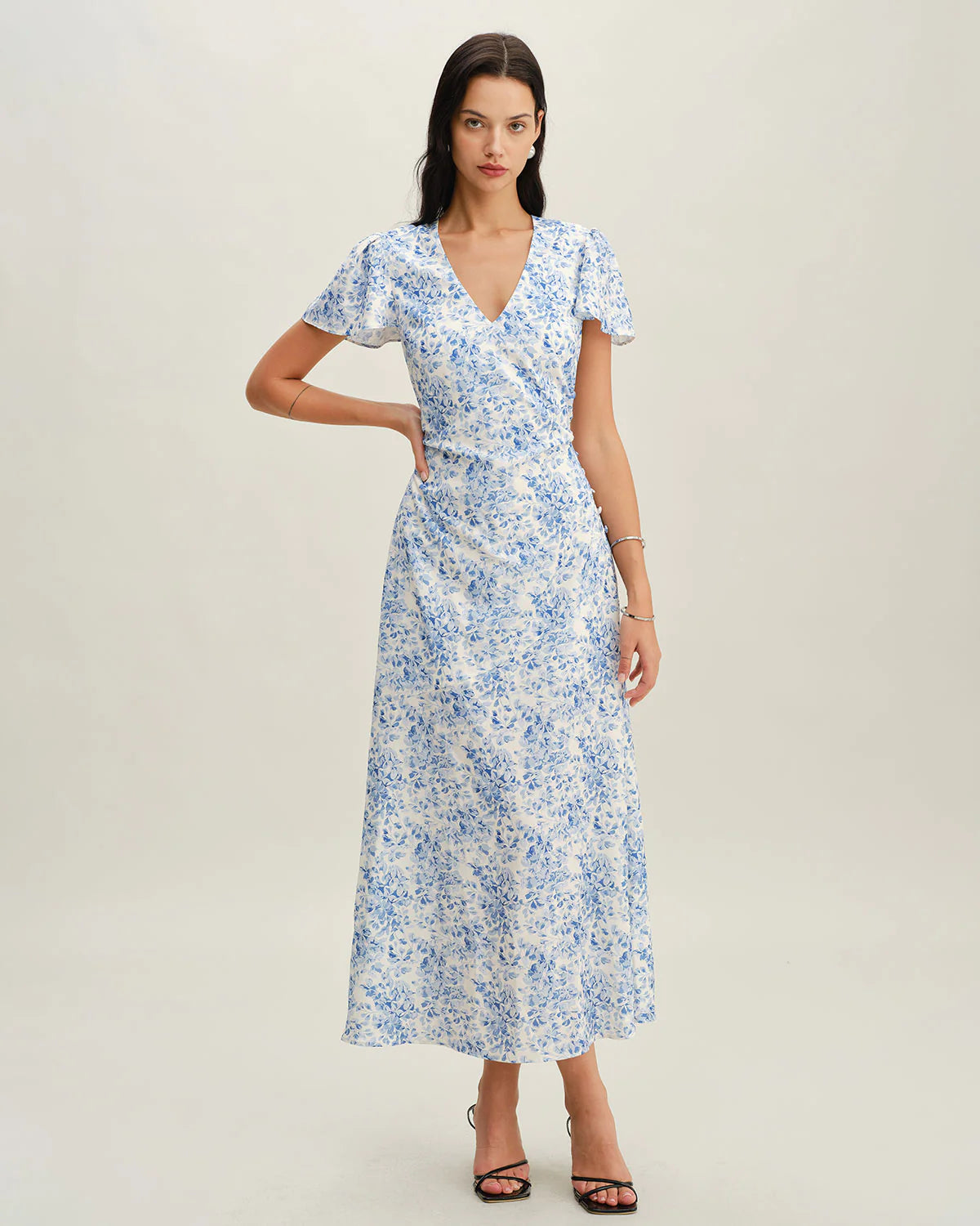 Blue Floral V Neck Button Maxi Dress