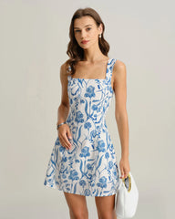 Blue Floral Tie-back Slip Mini Dress