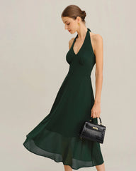 Green Chiffon A-Line Halter Midi Dress