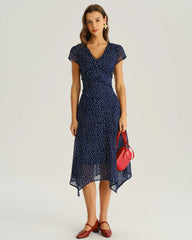 Navy Polka Dot Cap Sleeve Midi Dress
