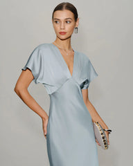 Blue Satin Cowl Sleeve Midi Dress