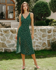 Green V Neck Floral Midi Dress