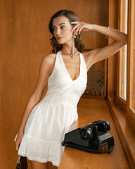 White V Neck Pleated Backless Mini Dress