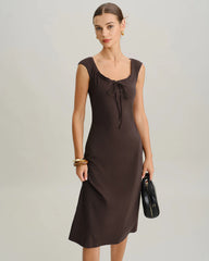 Brown Boat Neck Cap Sleeve Midi Dress