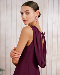 Wine Red Boat Neck Backless Midi Dress