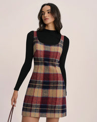 Red U Neck Plaid Mini Dress