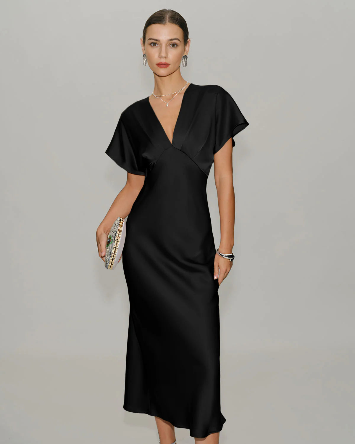 Black Satin Cowl Sleeve Midi Dress