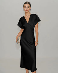 Black Satin Cowl Sleeve Midi Dress