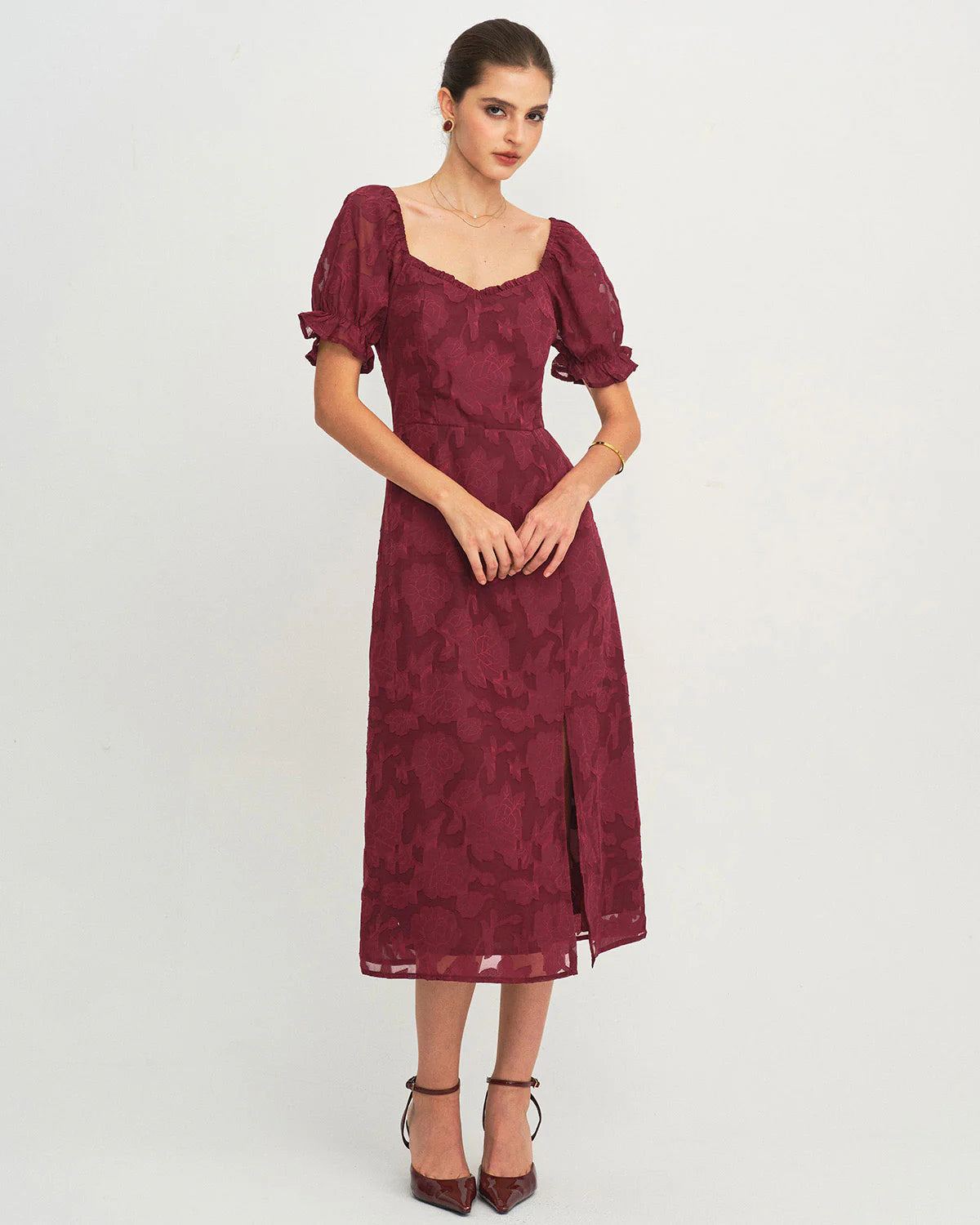 Wine Red Jacquard Slit Midi Dress