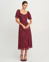 Wine Red Jacquard Slit Midi Dress