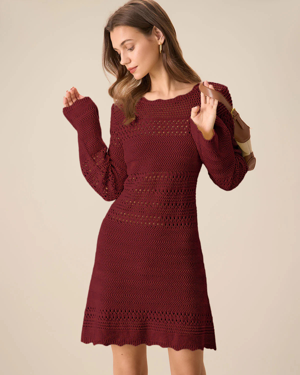 Wine Red Bell Sleeve A-Line Sweater Dress