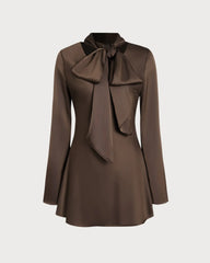Coffee Satin Tie Neck Mini Dress