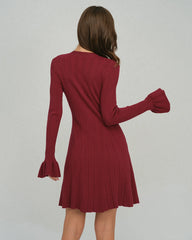 Wine Red Bell Sleeve V Neck Sweater Dress