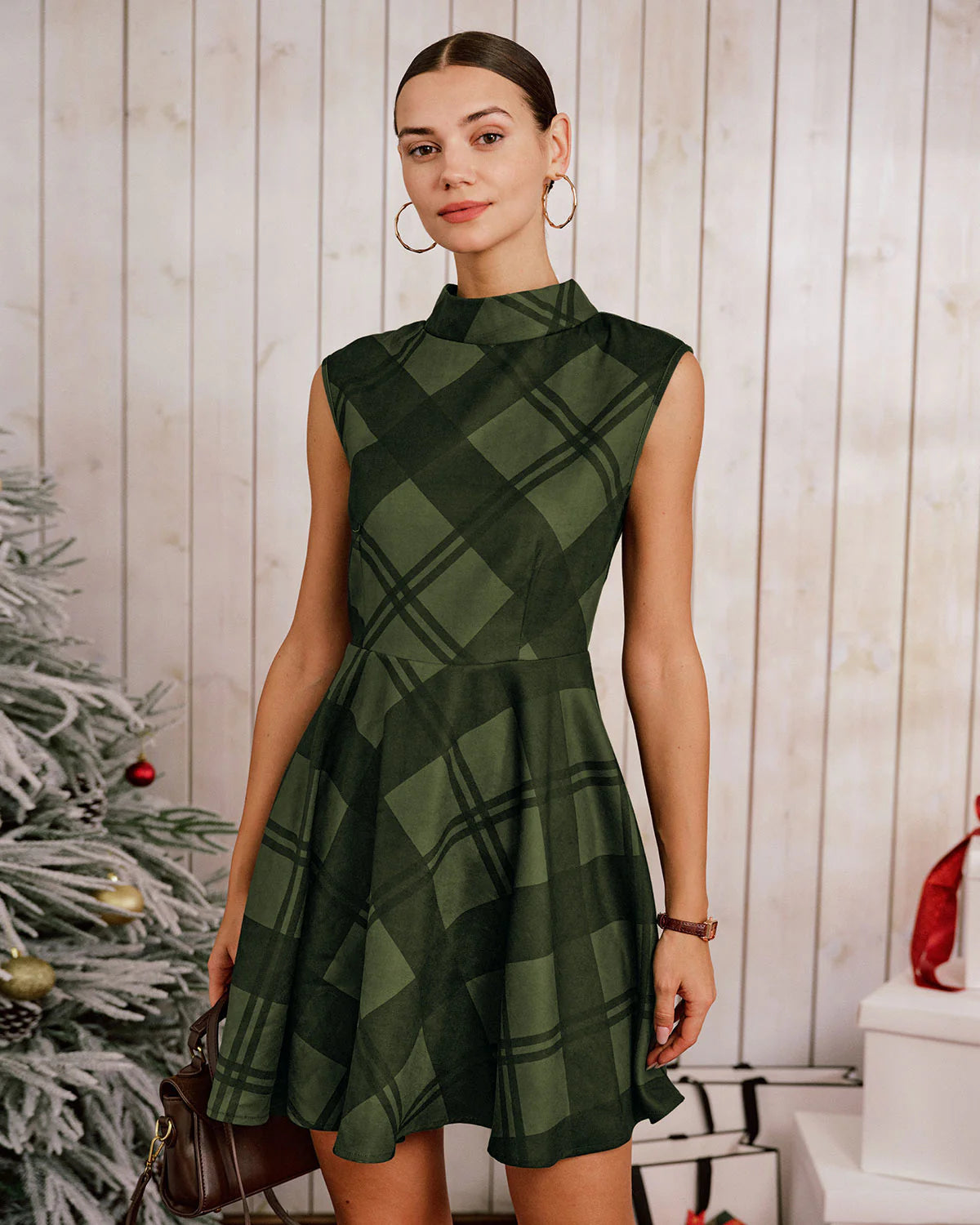 Green Plaid Mock Neck Sleeveless Mini Dress