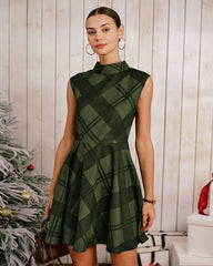 Green Plaid Mock Neck Sleeveless Mini Dress