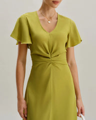 Green V Neck Ruffle Sleeve Midi Dress