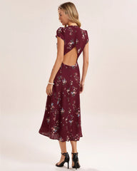 Wine Red Floral Midi Dress