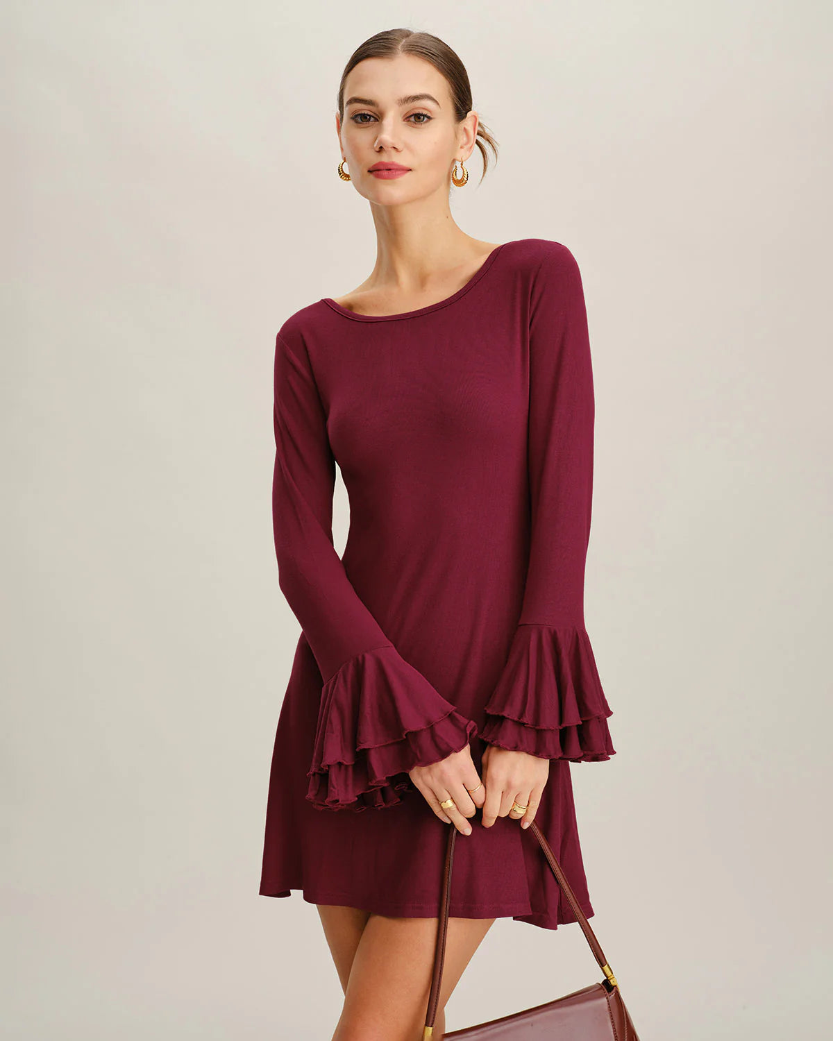Wine Red A-Line Ruffle Mini Dress