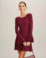 Wine Red A-Line Ruffle Mini Dress