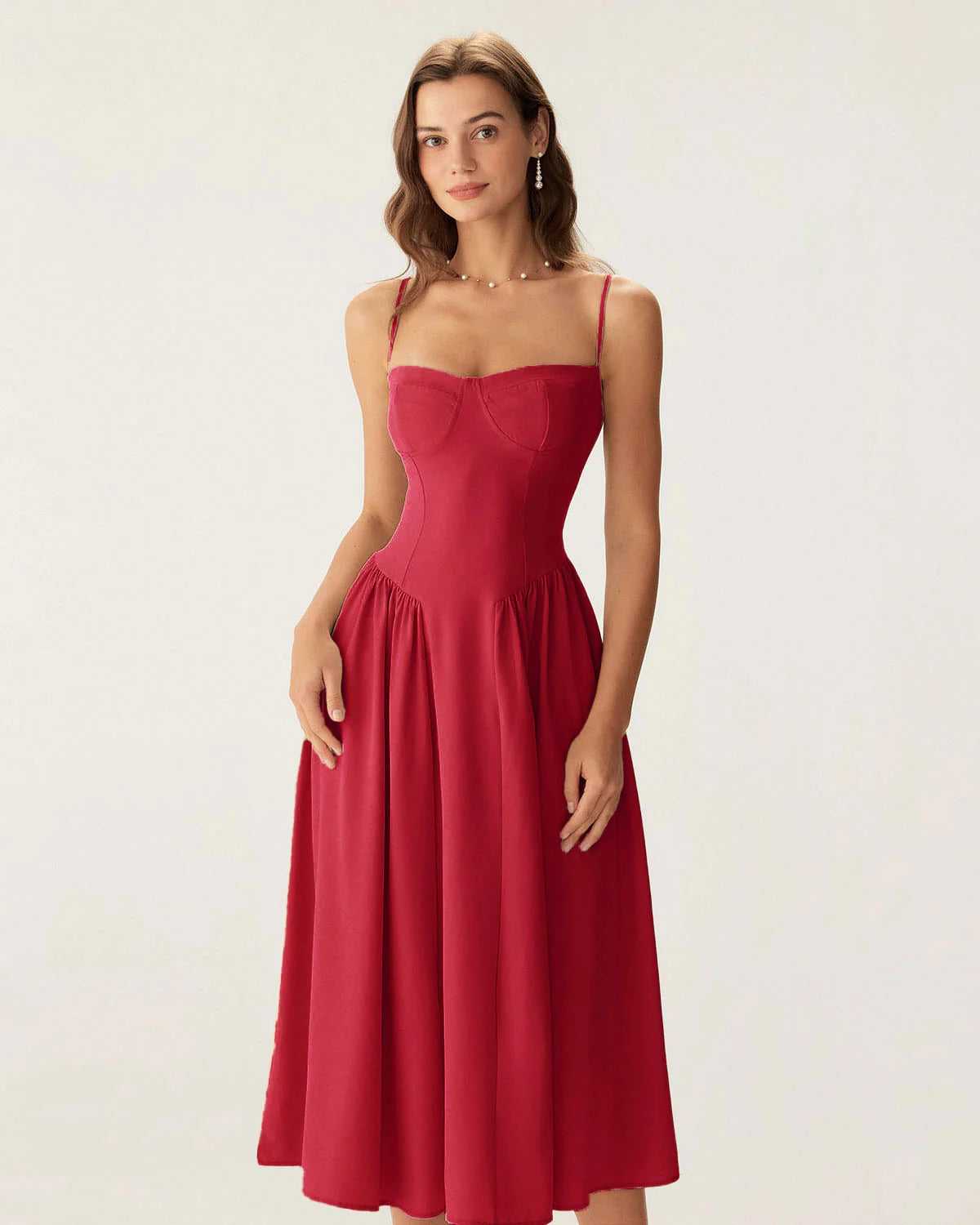 Red Square Neck Pocket Slip Midi Dress