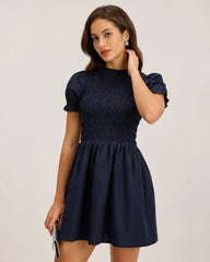 Blue Shirred Puffed Sleeve Mini Dress