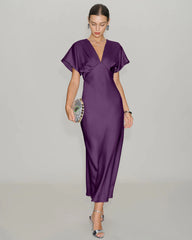 Purple Satin Cowl Sleeve Midi Dress