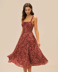 Wine Red Floral Slip Midi Dress
