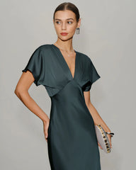 Grey Green Satin Cowl Sleeve Midi Dress