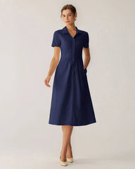 Navy Pocket Short Sleeve Midi Dress