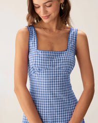 Blue Plaid Square Neck Slip Mini Dress