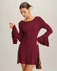 Wine Red A-Line Ruffle Mini Dress