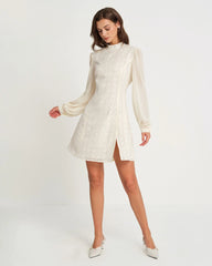 Beige Chiffon Mock Neck Mini Dress