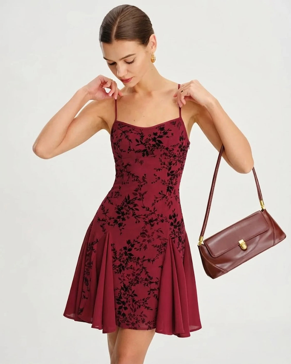Wine Red Floral Mini Dress